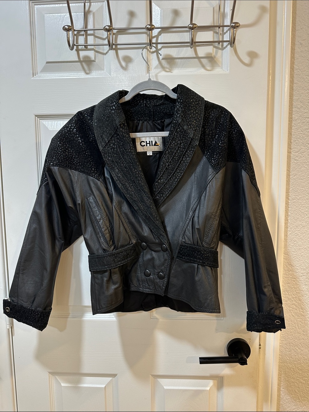 Chia Black Faux Leather Double-Breasted Blazer